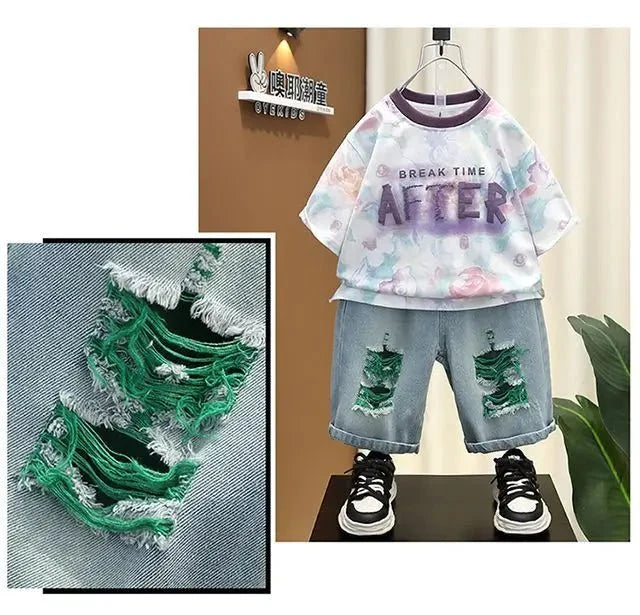 New Children Printed - New Children's Printed Thin T-shirt+ hole Denim Shorts Teenager Boys Summer Fashion outfits - Boys