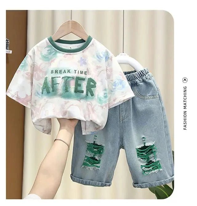New Children Printed - New Children's Printed Thin T-shirt+ hole Denim Shorts Teenager Boys Summer Fashion outfits - Boys