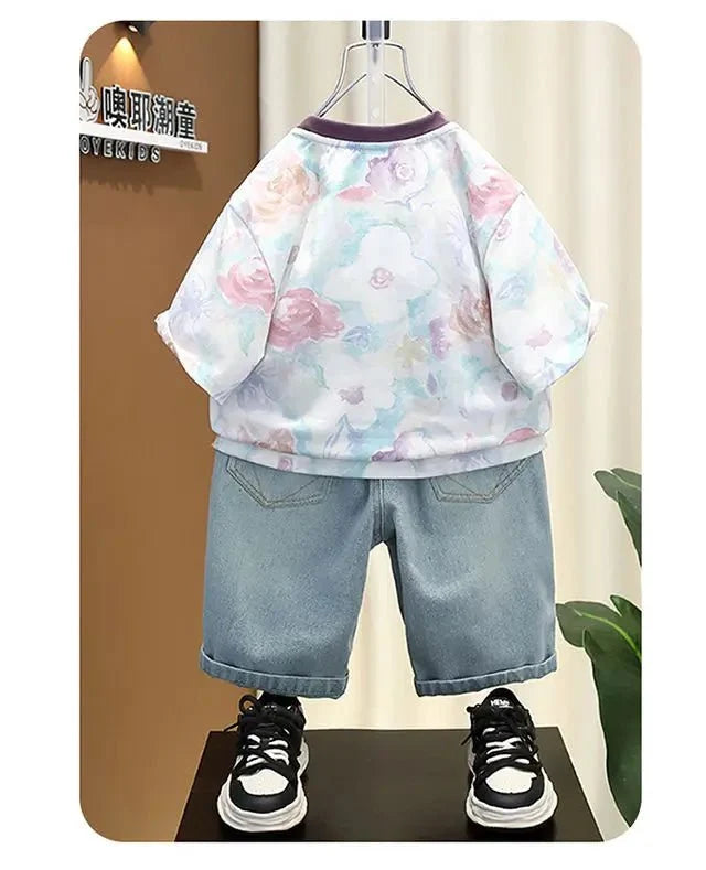 New Children Printed - New Children's Printed Thin T-shirt+ hole Denim Shorts Teenager Boys Summer Fashion outfits - Boys