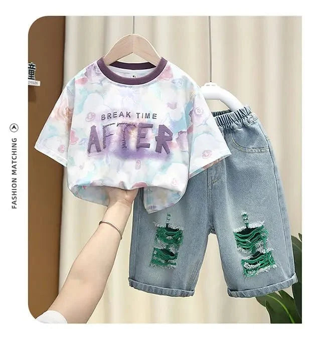 New Children Printed - New Children's Printed Thin T-shirt+ hole Denim Shorts Teenager Boys Summer Fashion outfits - Boys