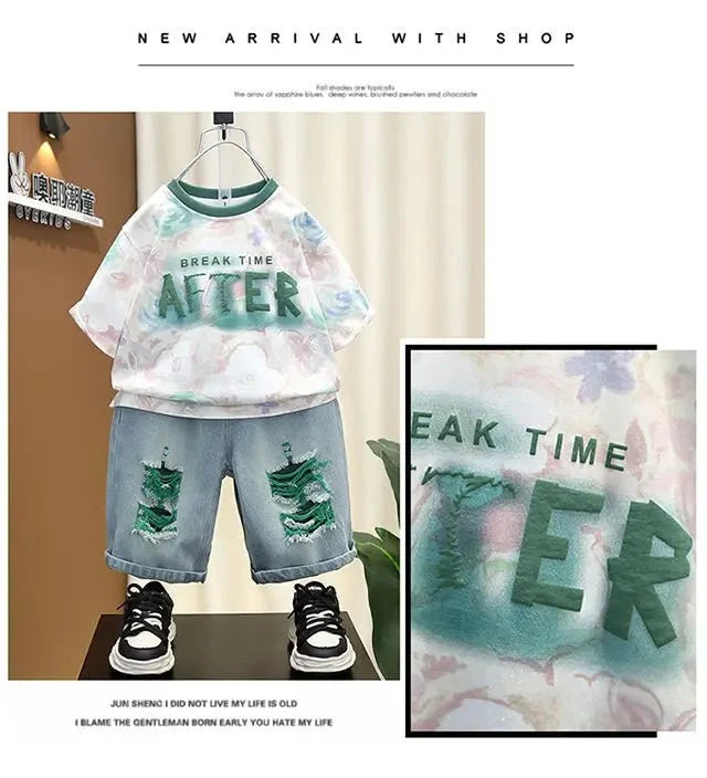 New Children Printed - New Children's Printed Thin T-shirt+ hole Denim Shorts Teenager Boys Summer Fashion outfits - Boys