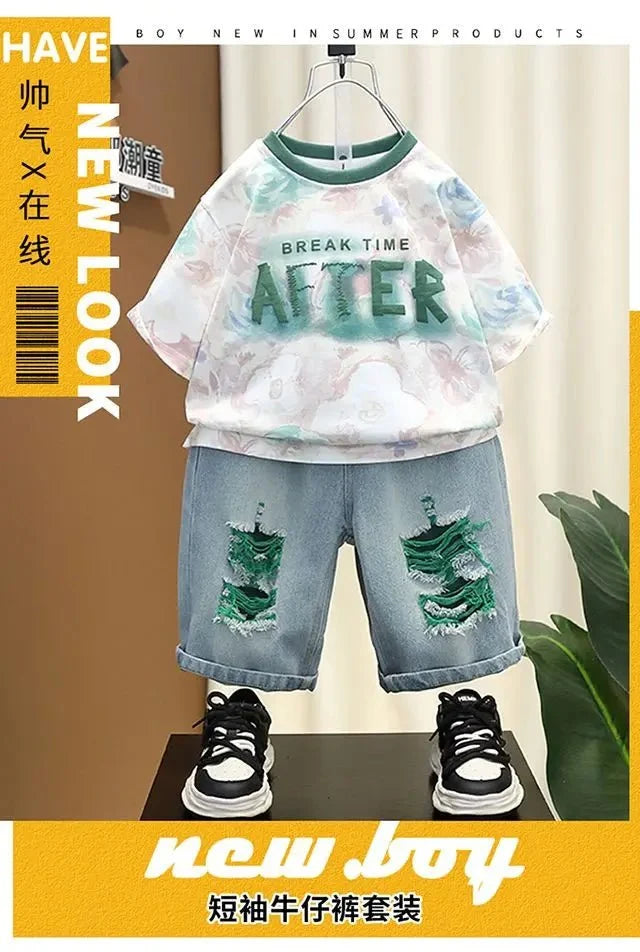 New Children Printed - New Children's Printed Thin T-shirt+ hole Denim Shorts Teenager Boys Summer Fashion outfits - Boys