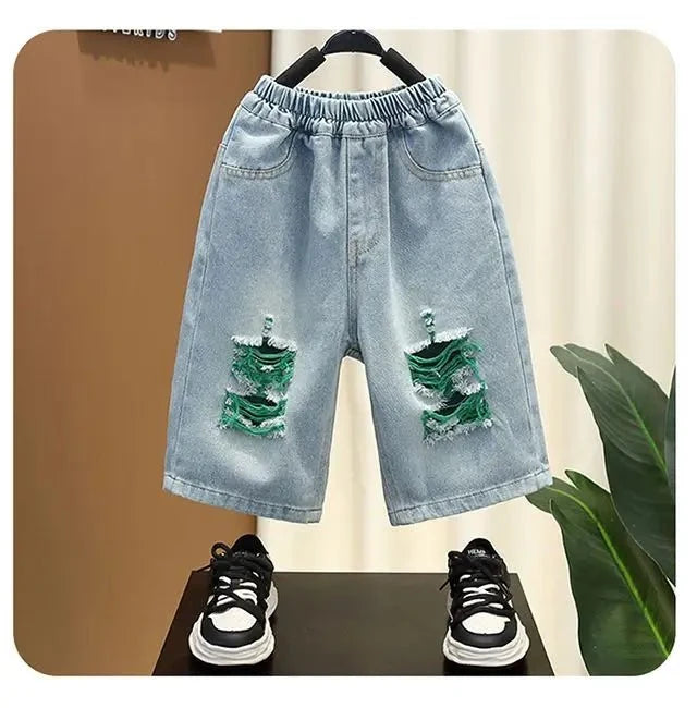 New Children Printed - New Children's Printed Thin T-shirt+ hole Denim Shorts Teenager Boys Summer Fashion outfits - Boys