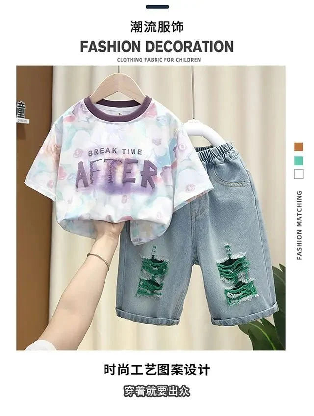 New Children Printed - New Children's Printed Thin T-shirt+ hole Denim Shorts Teenager Boys Summer Fashion outfits - Boys