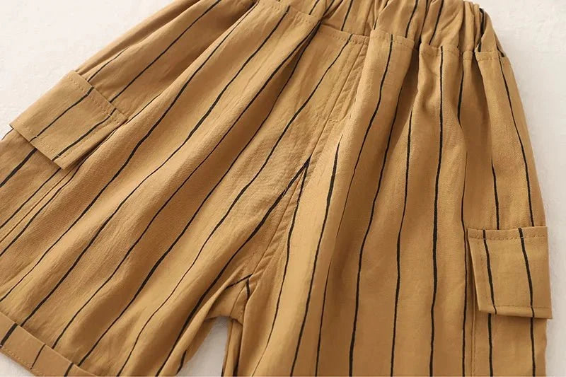 New Fashion Soft and Comfortable Children's Coffee Vertical Stripe Shirt Shorts Three-piece Set Kids Clothes Boys - Boys