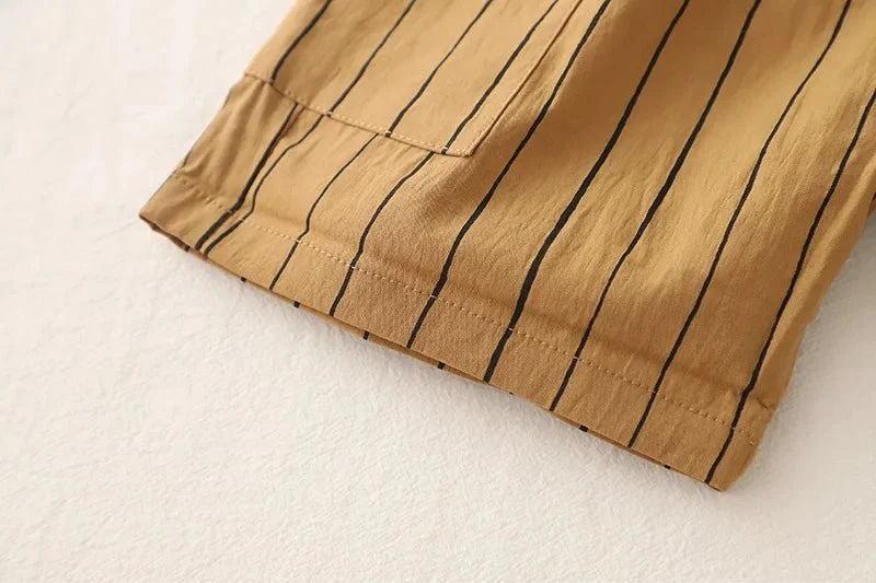 New Fashion Soft and Comfortable Children's Coffee Vertical Stripe Shirt Shorts Three-piece Set Kids Clothes Boys - Boys