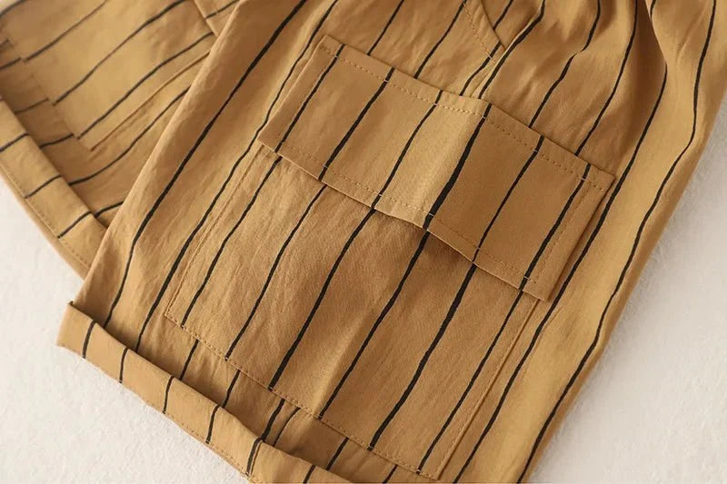 New Fashion Soft and Comfortable Children's Coffee Vertical Stripe Shirt Shorts Three-piece Set Kids Clothes Boys - Boys