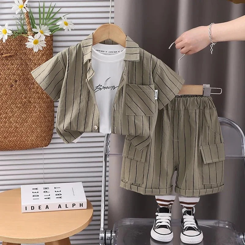 New Fashion Soft and Comfortable Children's Coffee Vertical Stripe Shirt Shorts Three-piece Set Kids Clothes Boys - Boys