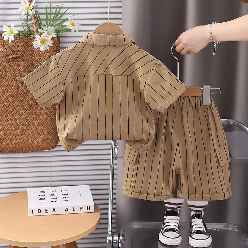 New Fashion Soft and Comfortable Children's Coffee Vertical Stripe Shirt Shorts Three-piece Set Kids Clothes Boys - Boys