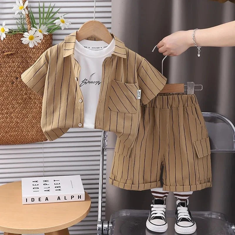 New Fashion Soft and Comfortable Children's Coffee Vertical Stripe Shirt Shorts Three-piece Set Kids Clothes Boys - Boys