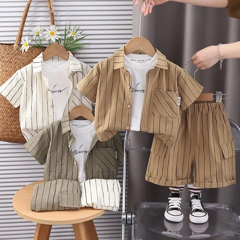 New Fashion Soft and Comfortable Children's Coffee Vertical Stripe Shirt Shorts Three-piece Set Kids Clothes Boys - Boys