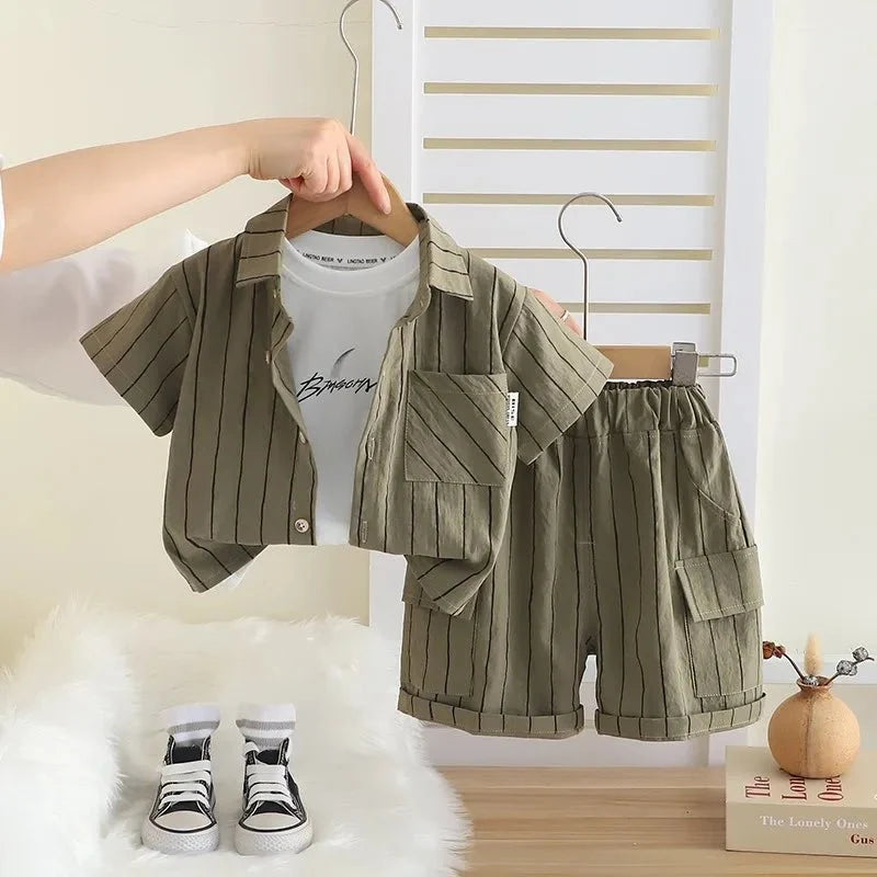 New Fashion Soft and Comfortable Children's Coffee Vertical Stripe Shirt Shorts Three-piece Set Kids Clothes Boys - Boys