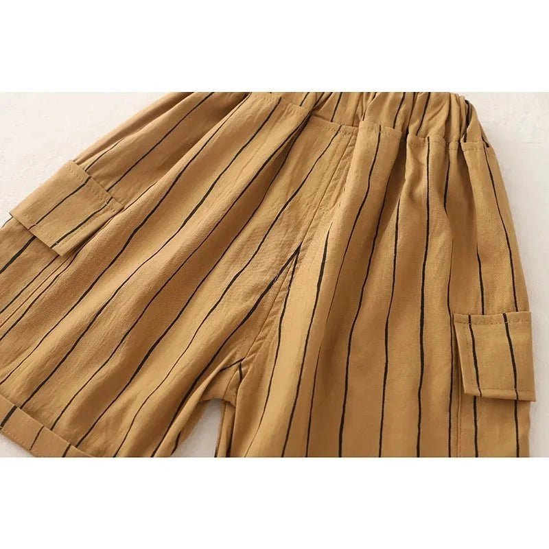 New Fashion Soft and Comfortable Children's Coffee Vertical Stripe Shirt Shorts Three-piece Set Kids Clothes Boys - Boys
