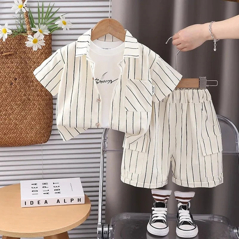 New Fashion Soft and Comfortable Children's Coffee Vertical Stripe Shirt Shorts Three-piece Set Kids Clothes Boys - Boys