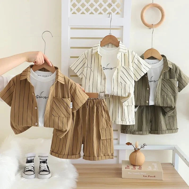 New Fashion Soft and Comfortable Children's Coffee Vertical Stripe Shirt Shorts Three-piece Set Kids Clothes Boys - Boys