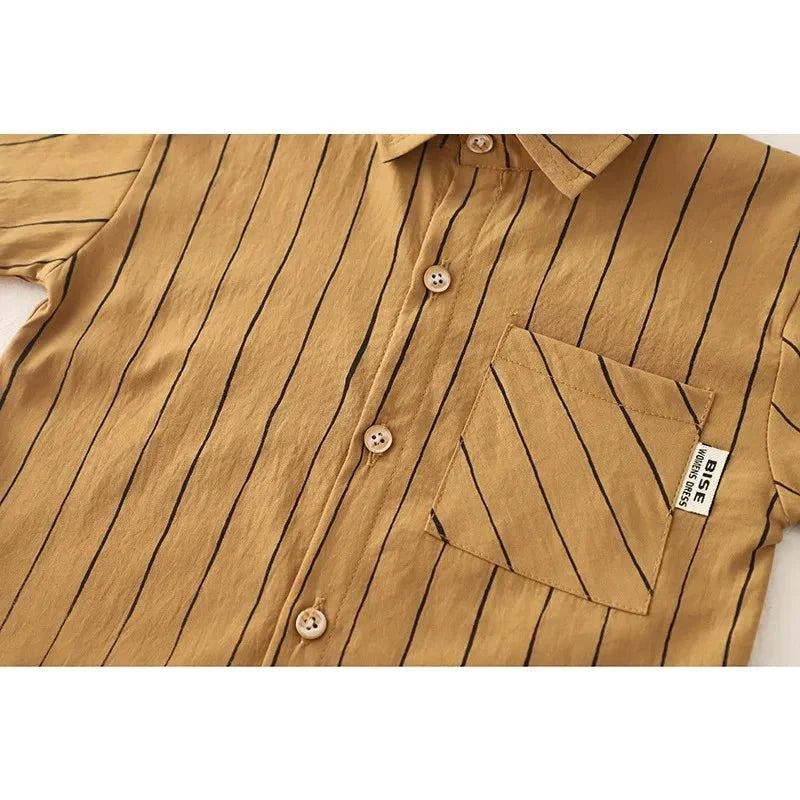 New Fashion Soft and Comfortable Children's Coffee Vertical Stripe Shirt Shorts Three-piece Set Kids Clothes Boys - Boys