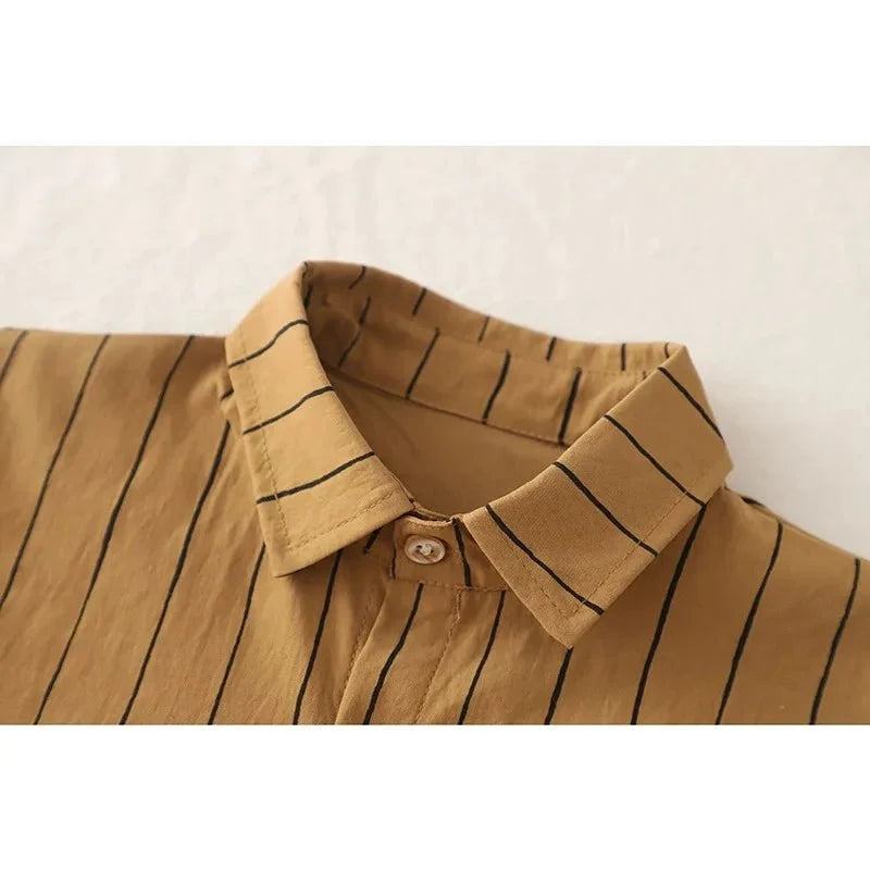 New Fashion Soft and Comfortable Children's Coffee Vertical Stripe Shirt Shorts Three-piece Set Kids Clothes Boys - Boys