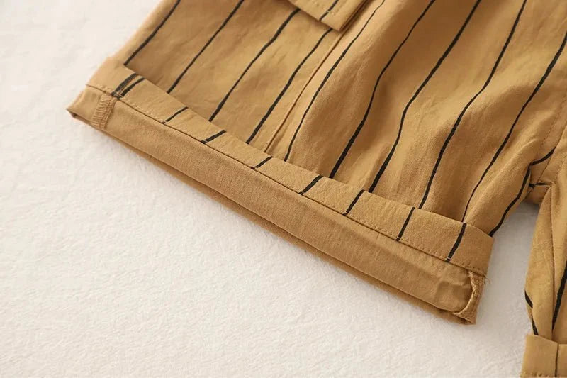 New Fashion Soft and Comfortable Children's Coffee Vertical Stripe Shirt Shorts Three-piece Set Kids Clothes Boys - Boys