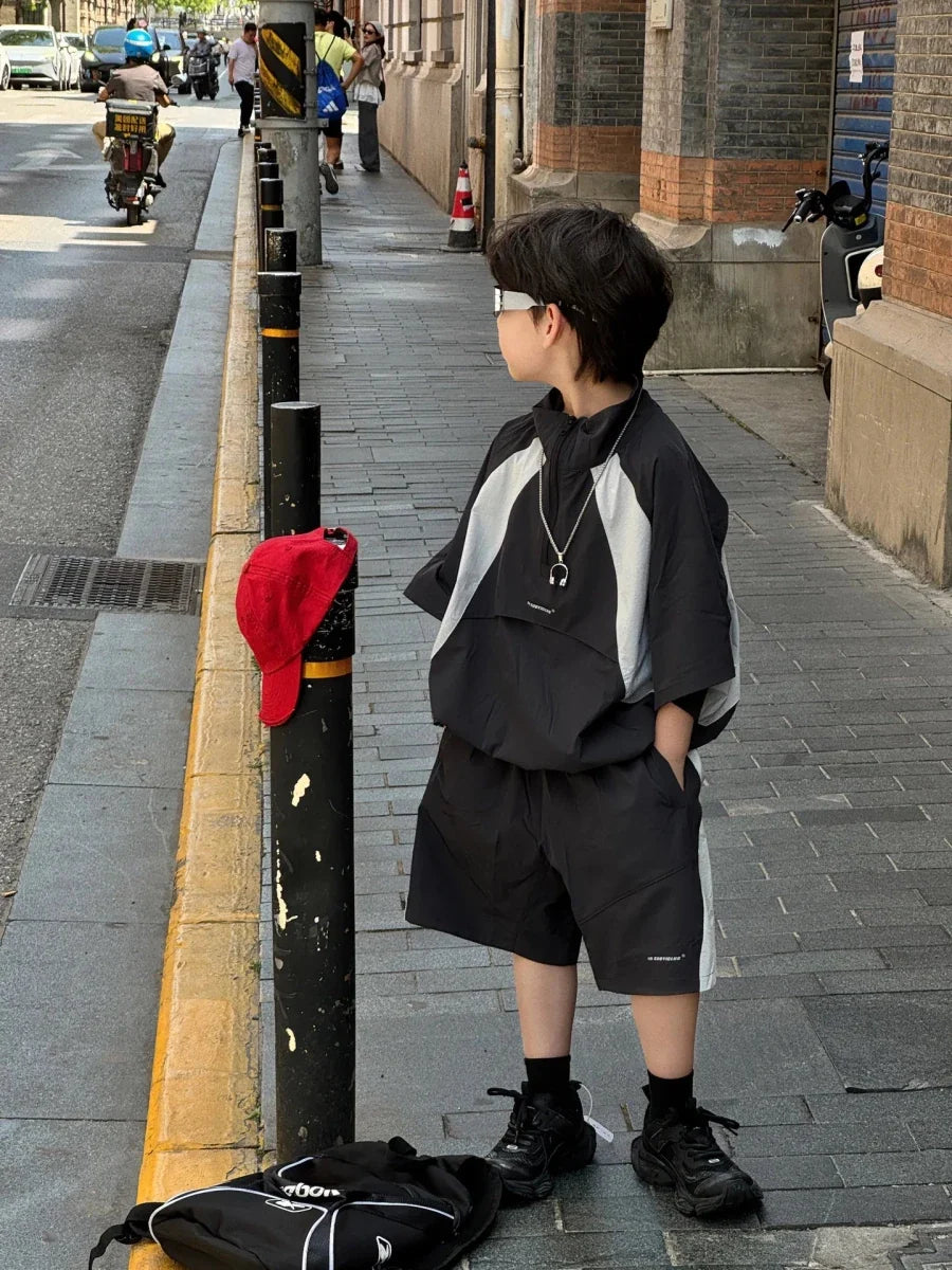 New Handsome Casual Work Clothes Set for Children, Boys' Sports and Leisure, Breathable Two Piece Set, Trendy - Mom & Kids