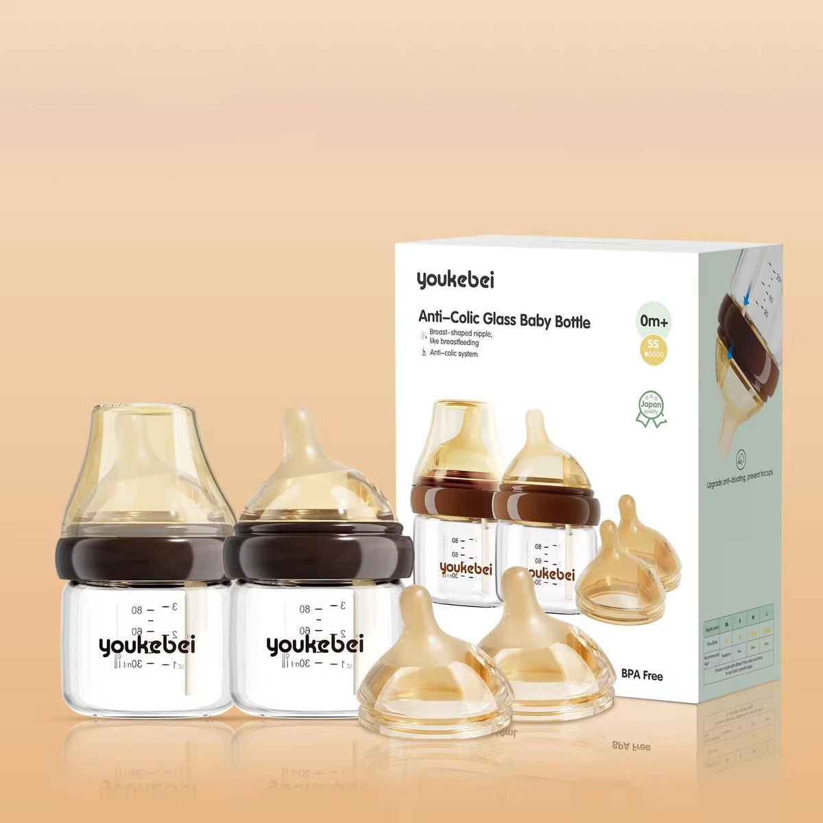 Newborn glass bottle 0-6 months high borosilicate glass baby anti-flatulence bottle liquid silicone nipple (Coffee color-english packaging) - BaBy's World