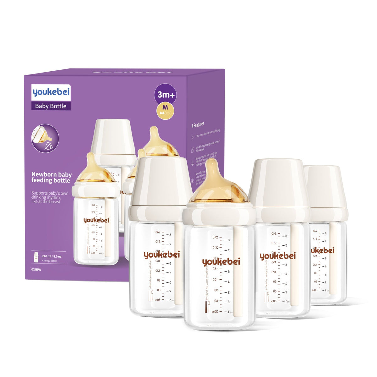 Newborn glass bottle 0-6 months high borosilicate glass baby anti-flatulence bottle liquid silicone nipple (Coffee color-english packaging) - BaBy's World