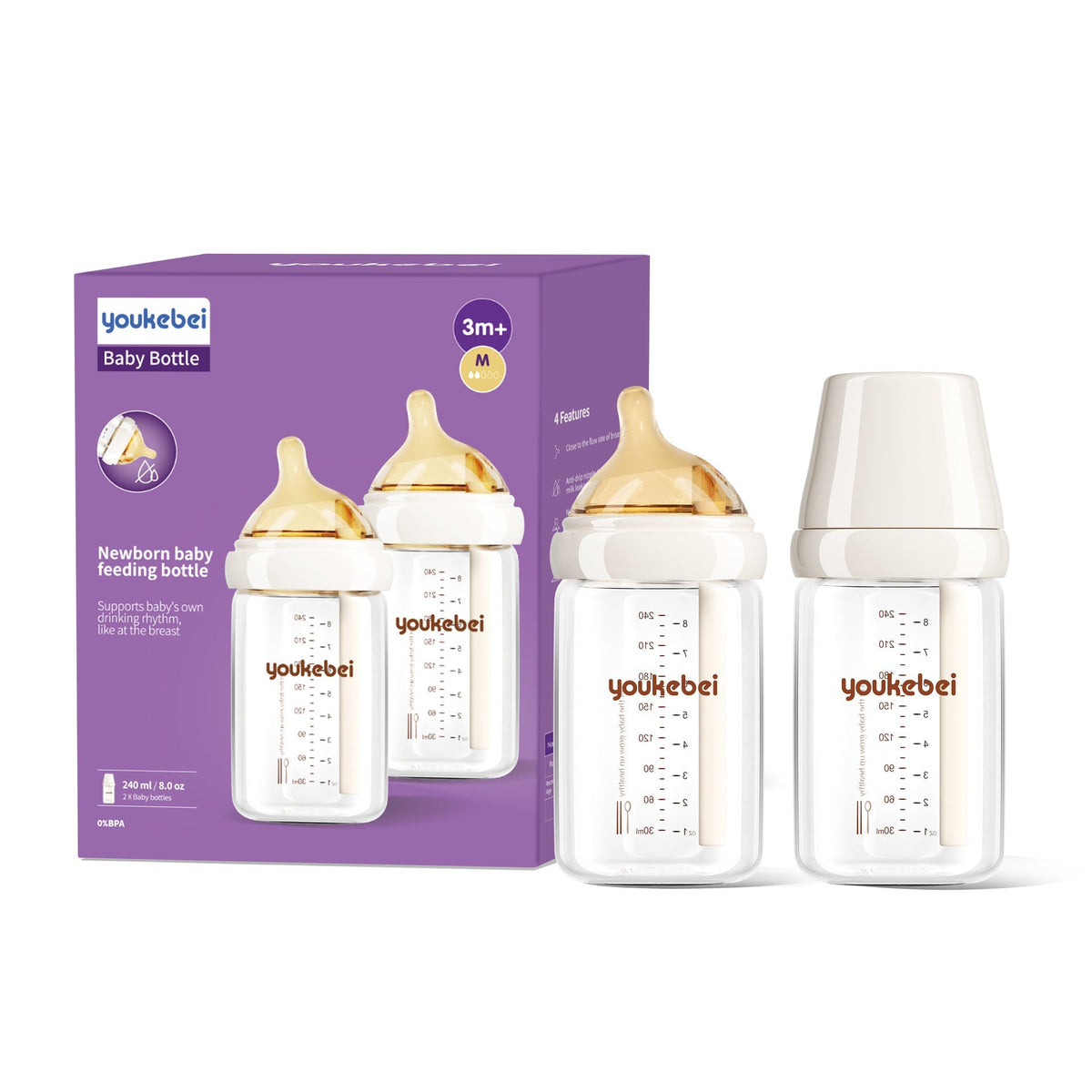 Newborn glass bottle 0-6 months high borosilicate glass baby anti-flatulence bottle liquid silicone nipple (Coffee color-english packaging) - BaBy's World