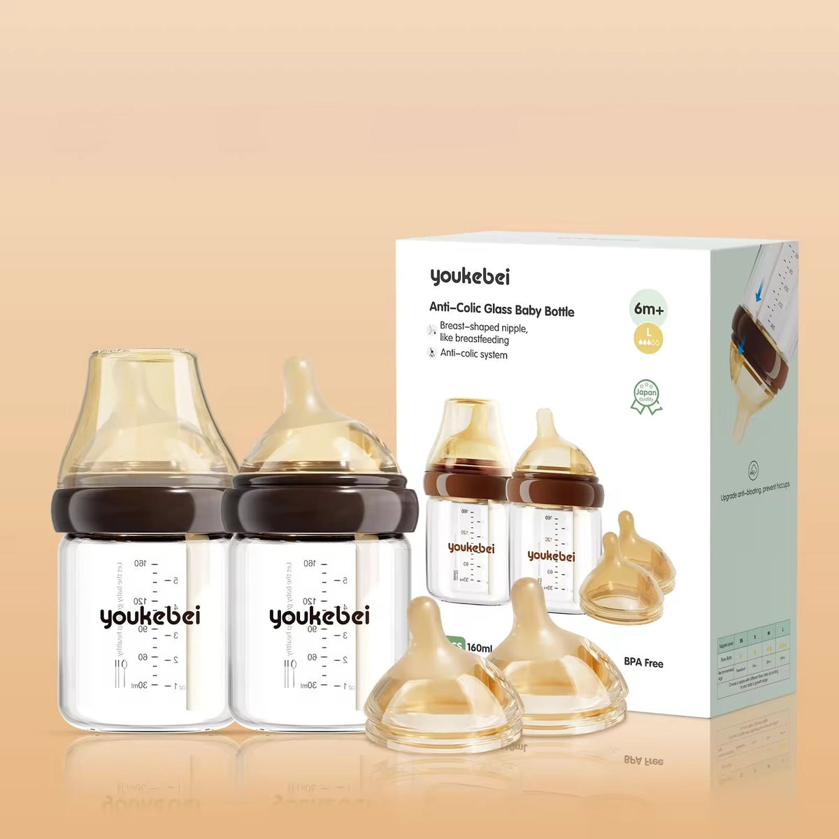 Newborn glass bottle 0-6 months high borosilicate glass baby anti-flatulence bottle liquid silicone nipple (Coffee color-english packaging) - BaBy's World