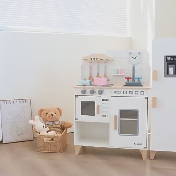 Danish Children's Pretend Play Kitchen Cooking Toy Set with Realistic Sound and Light, Refrigerator, and Wooden Stove video 1