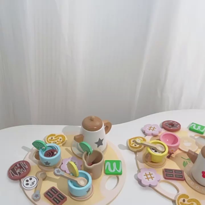 Wooden Pretend Play Kitchen Toys Coffee Machine Mixer Ice Cream Cake Toy Kids Play Food Teapot Cup Tea Set for Boys Girls Gifts