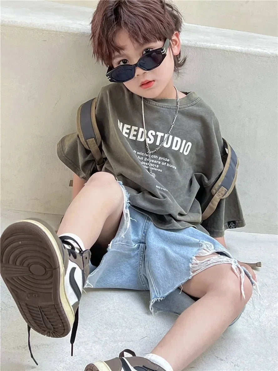 Pure Cotton Children's Short Sleeved Simple Trendy Letters Faded and Worn Half Sleeved T-shirts Boys Girls Stylish - Boys