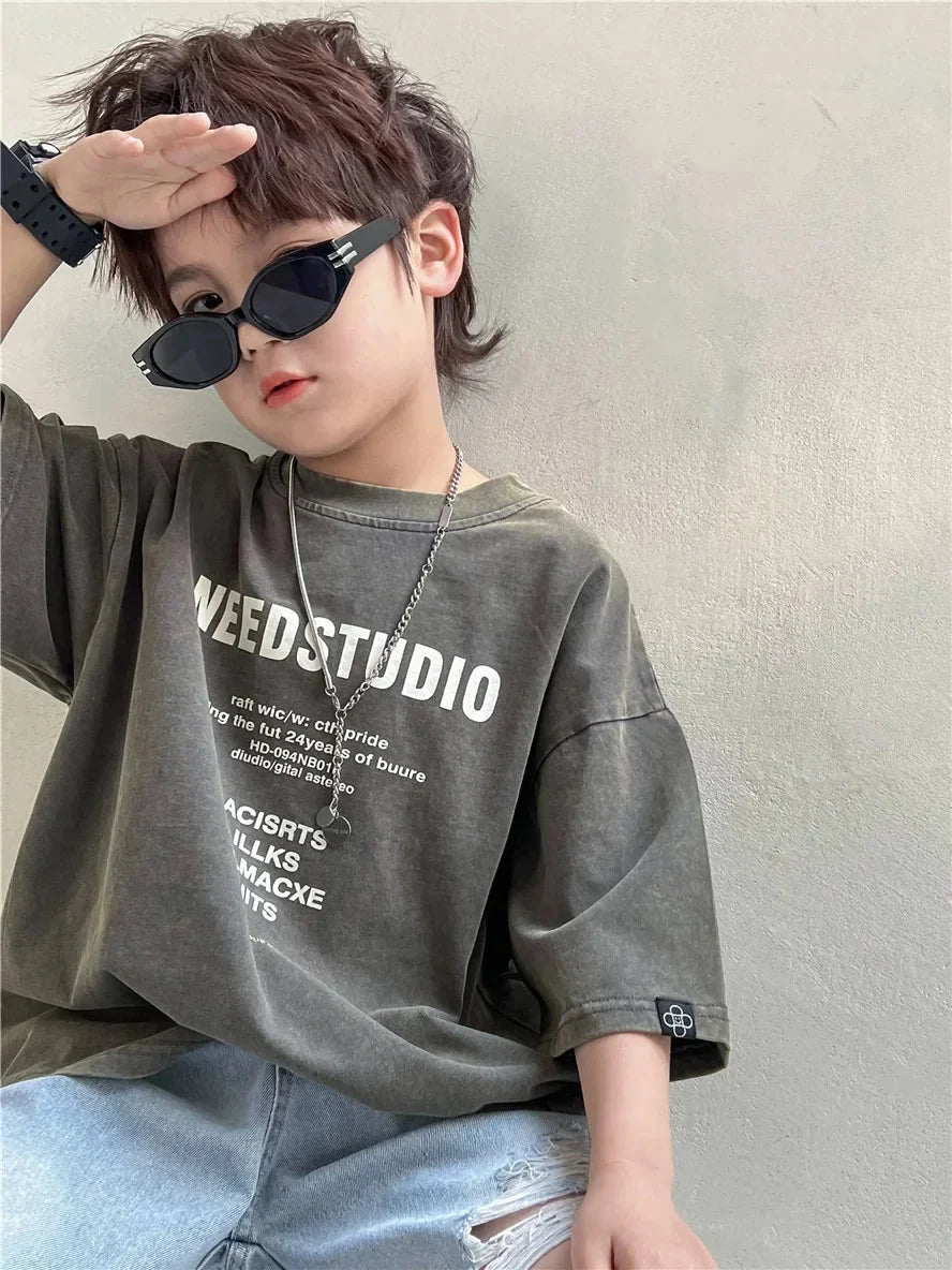 Pure Cotton Children's Short Sleeved Simple Trendy Letters Faded and Worn Half Sleeved T-shirts Boys Girls Stylish - Boys
