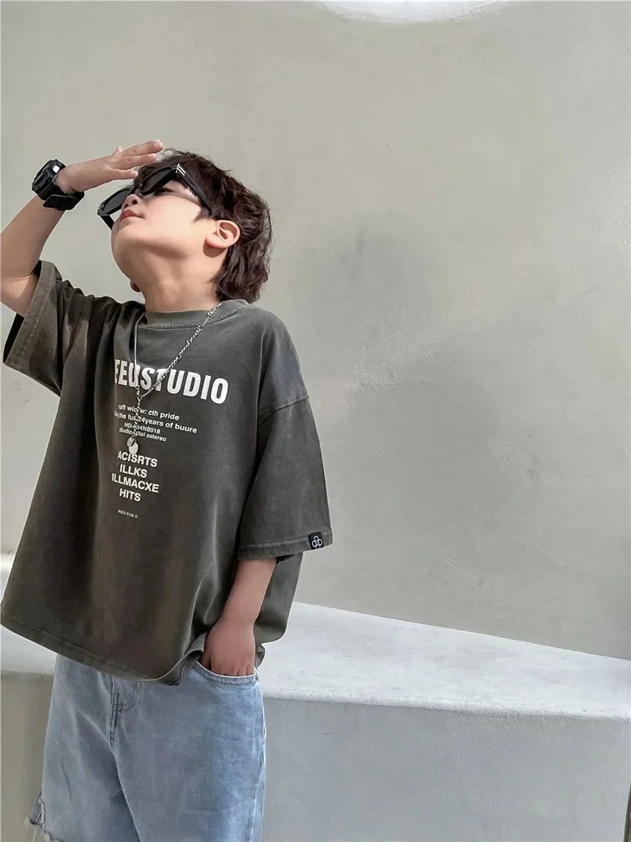 Pure Cotton Children's Short Sleeved Simple Trendy Letters Faded and Worn Half Sleeved T-shirts Boys Girls Stylish - Boys