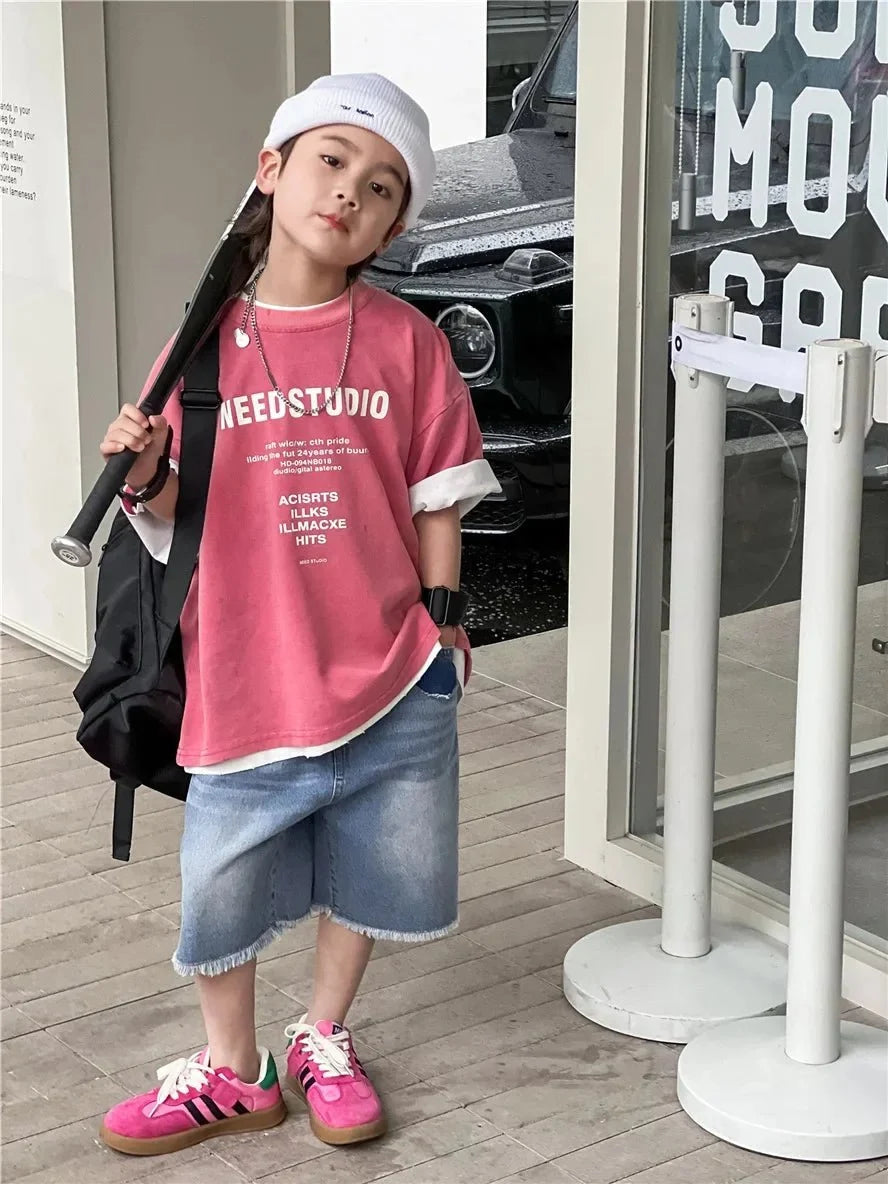 Pure Cotton Children's Short Sleeved Simple Trendy Letters Faded and Worn Half Sleeved T-shirts Boys Girls Stylish - Boys
