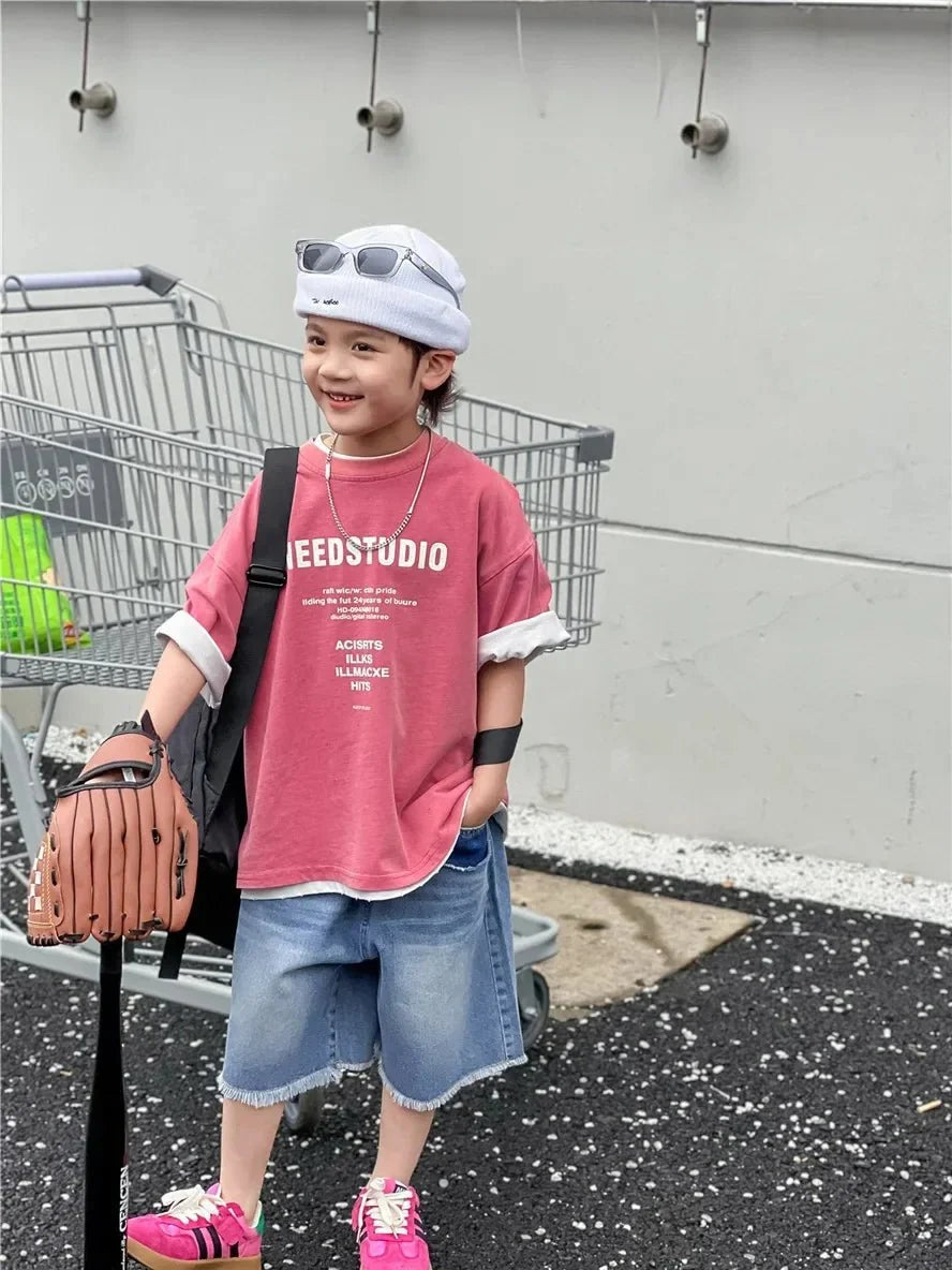 Pure Cotton Children's Short Sleeved Simple Trendy Letters Faded and Worn Half Sleeved T-shirts Boys Girls Stylish - Boys