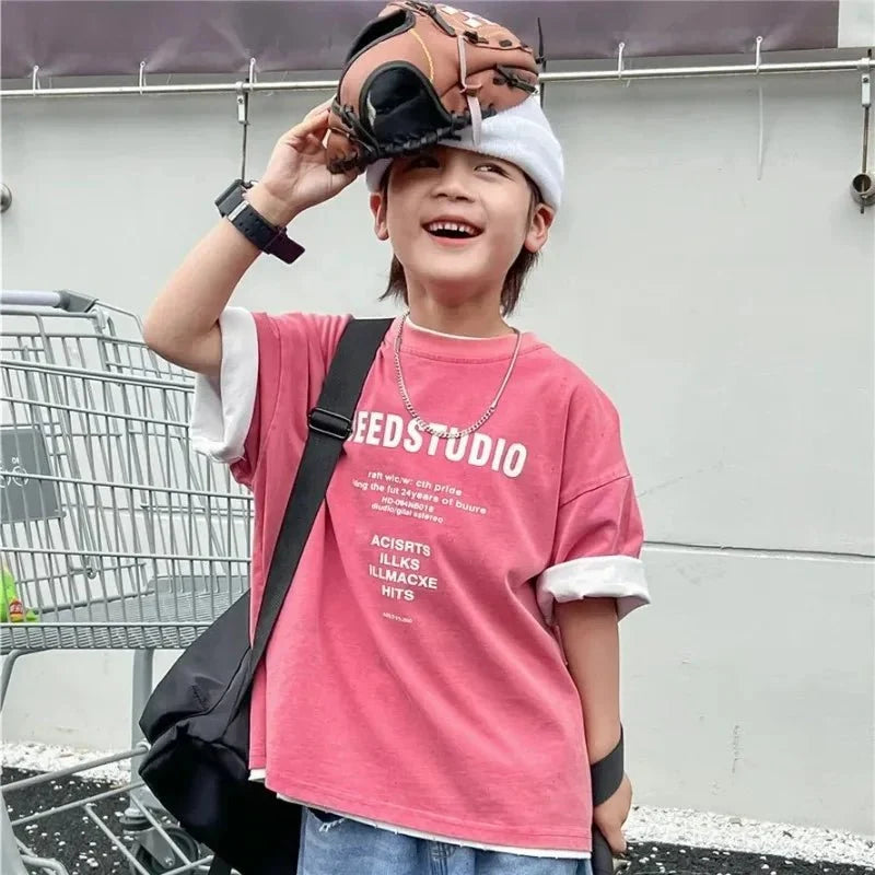 Pure Cotton Children's Short Sleeved Simple Trendy Letters Faded and Worn Half Sleeved T-shirts Boys Girls Stylish - Boys