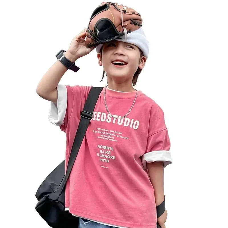 Pure Cotton Children's Short Sleeved Simple Trendy Letters Faded and Worn Half Sleeved T-shirts Boys Girls Stylish - Boys