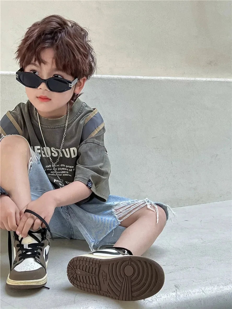 Pure Cotton Children's Short Sleeved Simple Trendy Letters Faded and Worn Half Sleeved T-shirts Boys Girls Stylish - Boys