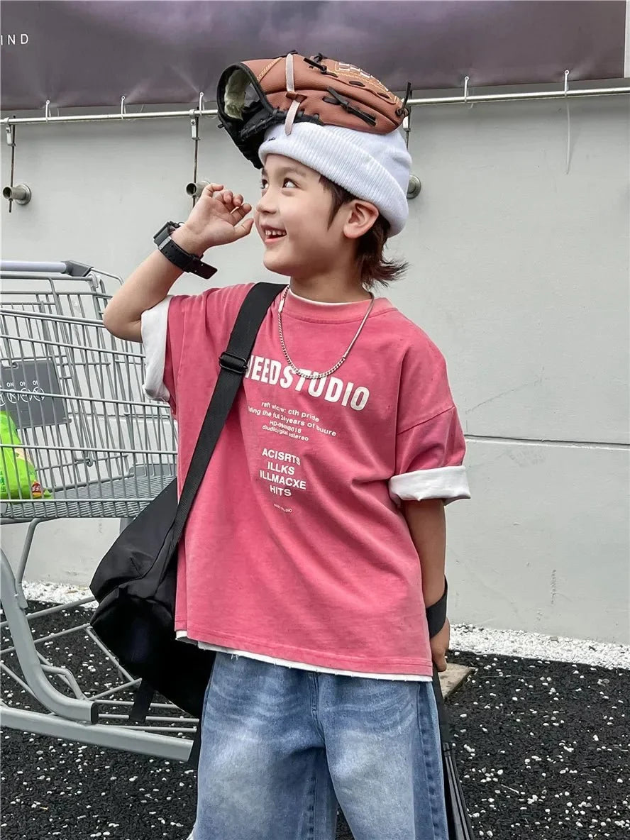 Pure Cotton Children's Short Sleeved Simple Trendy Letters Faded and Worn Half Sleeved T-shirts Boys Girls Stylish - Boys