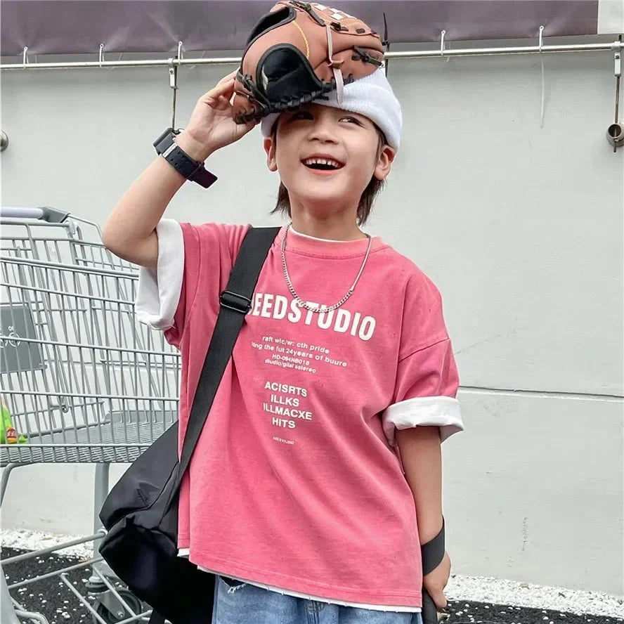 Pure Cotton Children's Short Sleeved Simple Trendy Letters Faded and Worn Half Sleeved T-shirts Boys Girls Stylish - Boys