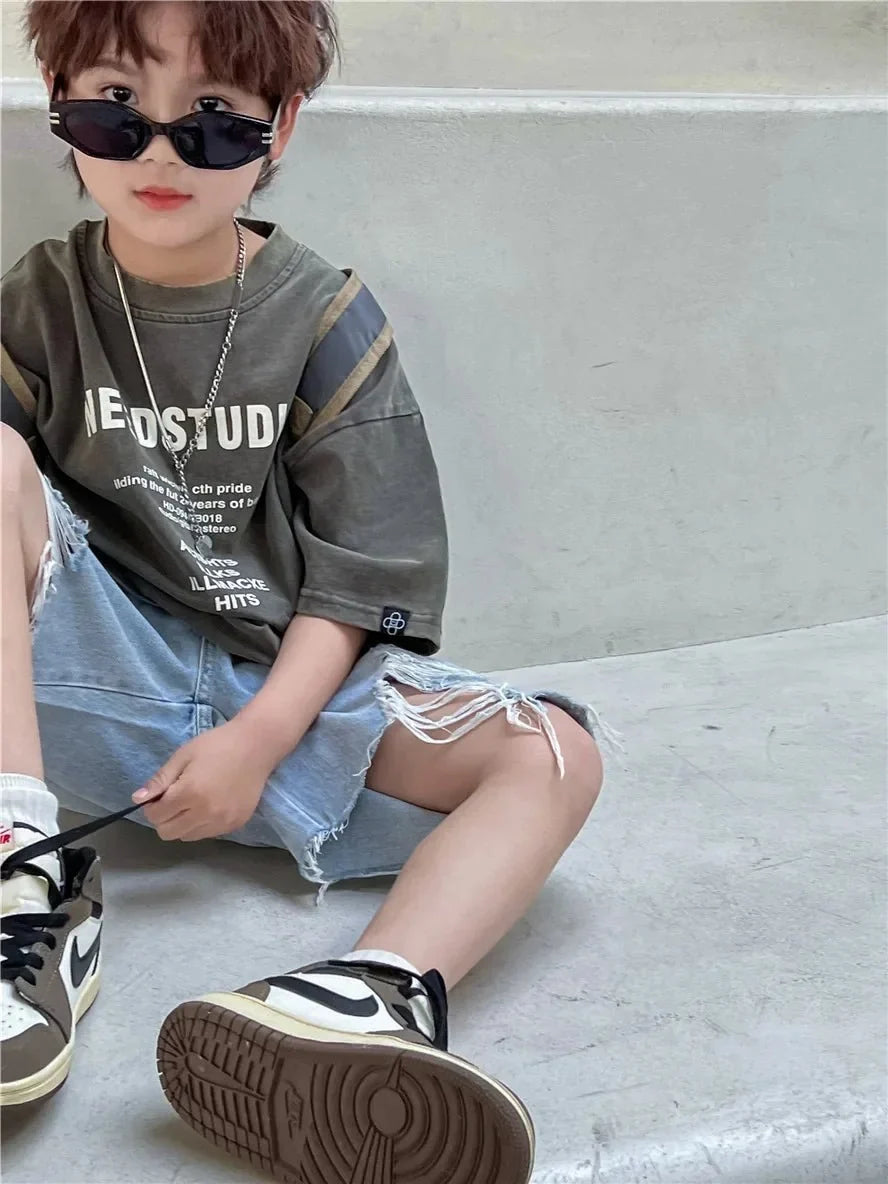 Pure Cotton Children's Short Sleeved Simple Trendy Letters Faded and Worn Half Sleeved T-shirts Boys Girls Stylish - Boys