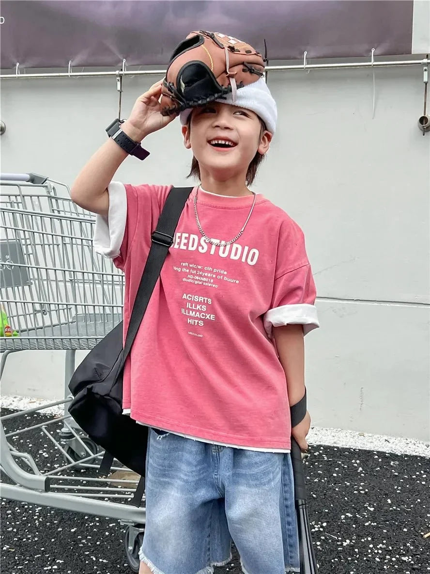 Pure Cotton Children's Short Sleeved Simple Trendy Letters Faded and Worn Half Sleeved T-shirts Boys Girls Stylish - Boys