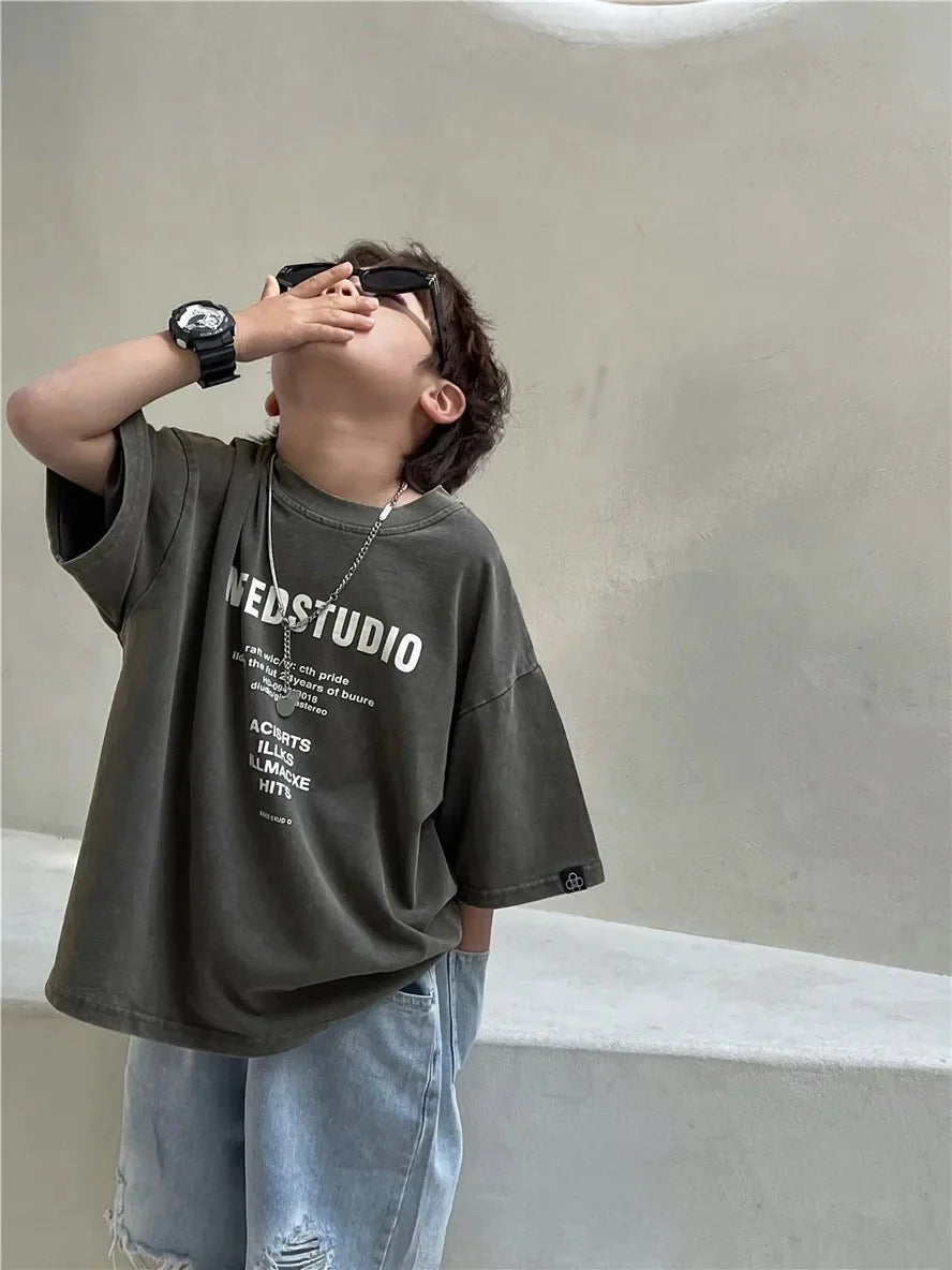 Pure Cotton Children's Short Sleeved Simple Trendy Letters Faded and Worn Half Sleeved T-shirts Boys Girls Stylish - Boys