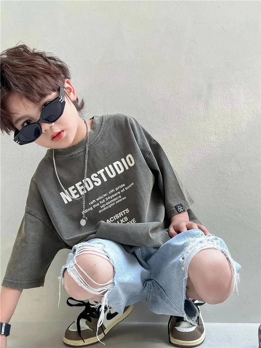 Pure Cotton Children's Short Sleeved Simple Trendy Letters Faded and Worn Half Sleeved T-shirts Boys Girls Stylish - Boys