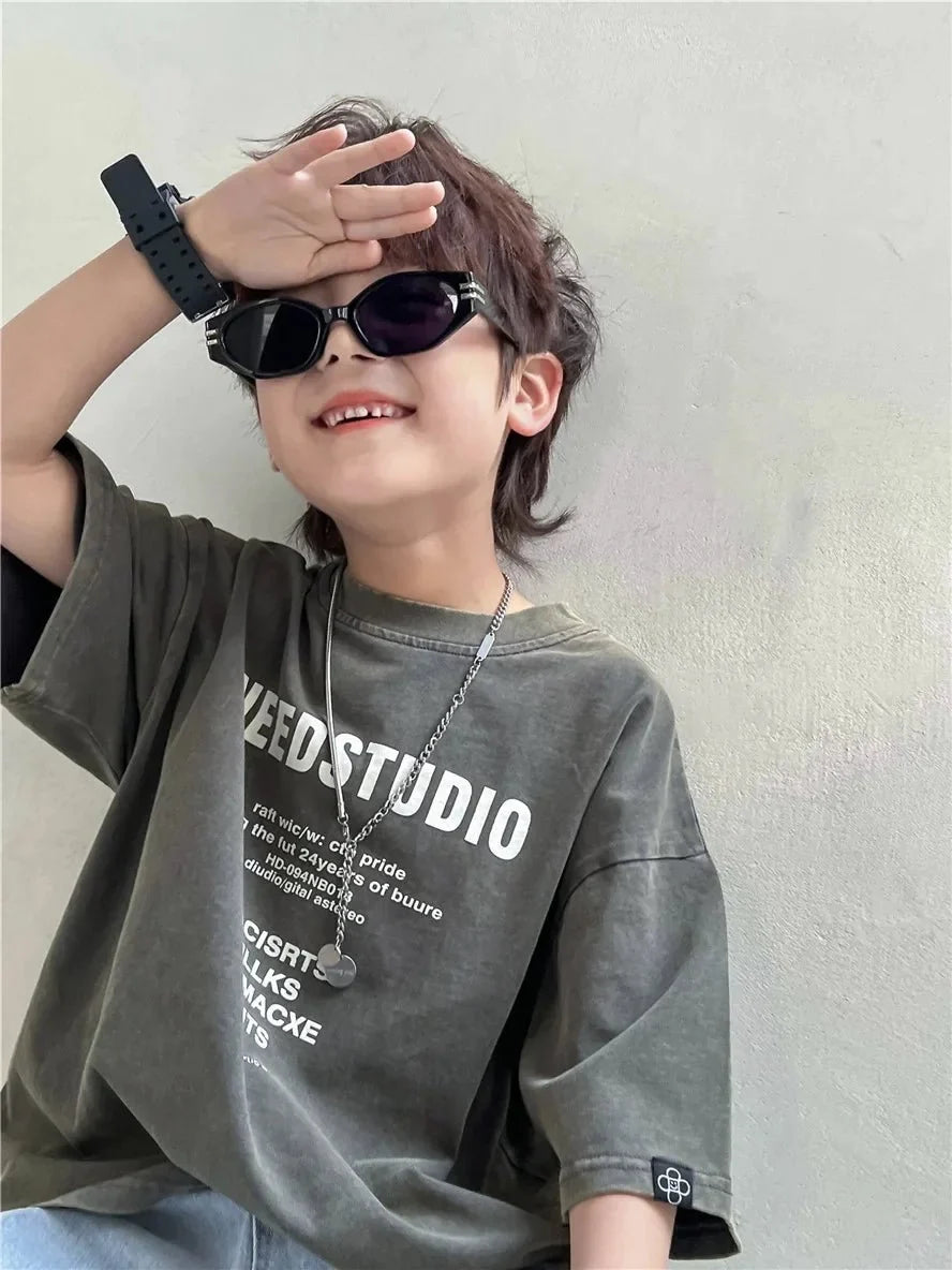 Pure Cotton Children's Short Sleeved Simple Trendy Letters Faded and Worn Half Sleeved T-shirts Boys Girls Stylish - Boys