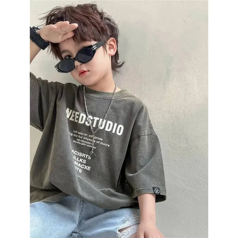 Pure Cotton Children's Short Sleeved Simple Trendy Letters Faded and Worn Half Sleeved T-shirts Boys Girls Stylish - Boys