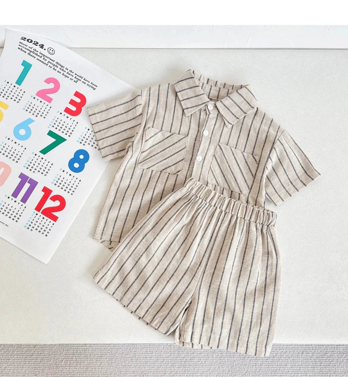 Set Children Unisex Summer New Style Cotton Stripe Pocket Shirt Polo Collar Shourts Fashion Casual Brief Versatile Korean - Mom & Kids