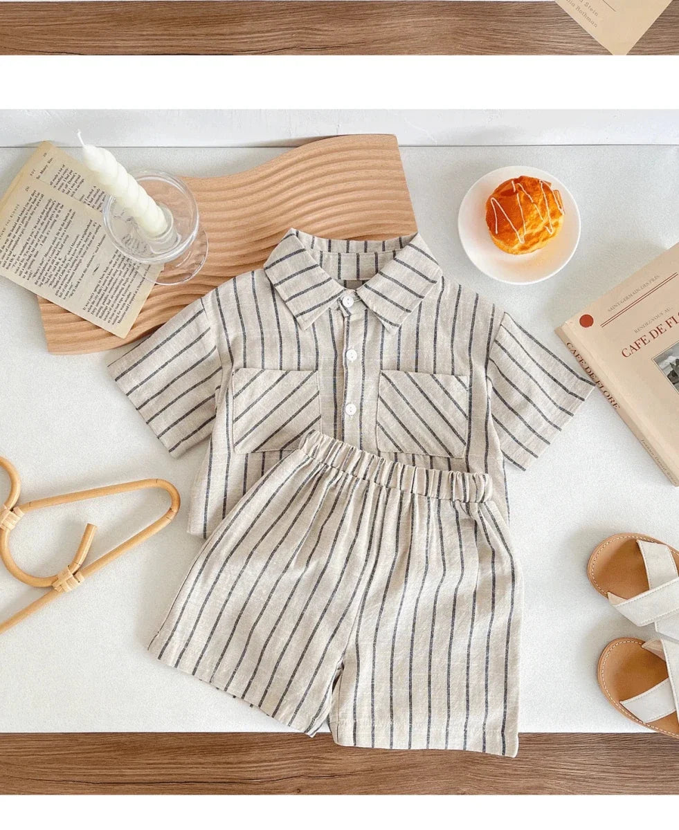 Set Children Unisex Summer New Style Cotton Stripe Pocket Shirt Polo Collar Shourts Fashion Casual Brief Versatile Korean - Mom & Kids