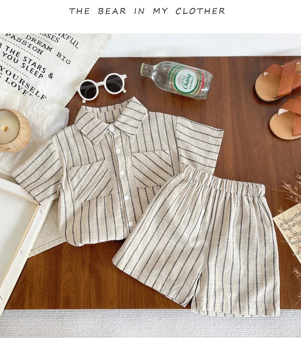 Set Children Unisex Summer New Style Cotton Stripe Pocket Shirt Polo Collar Shourts Fashion Casual Brief Versatile Korean - Mom & Kids