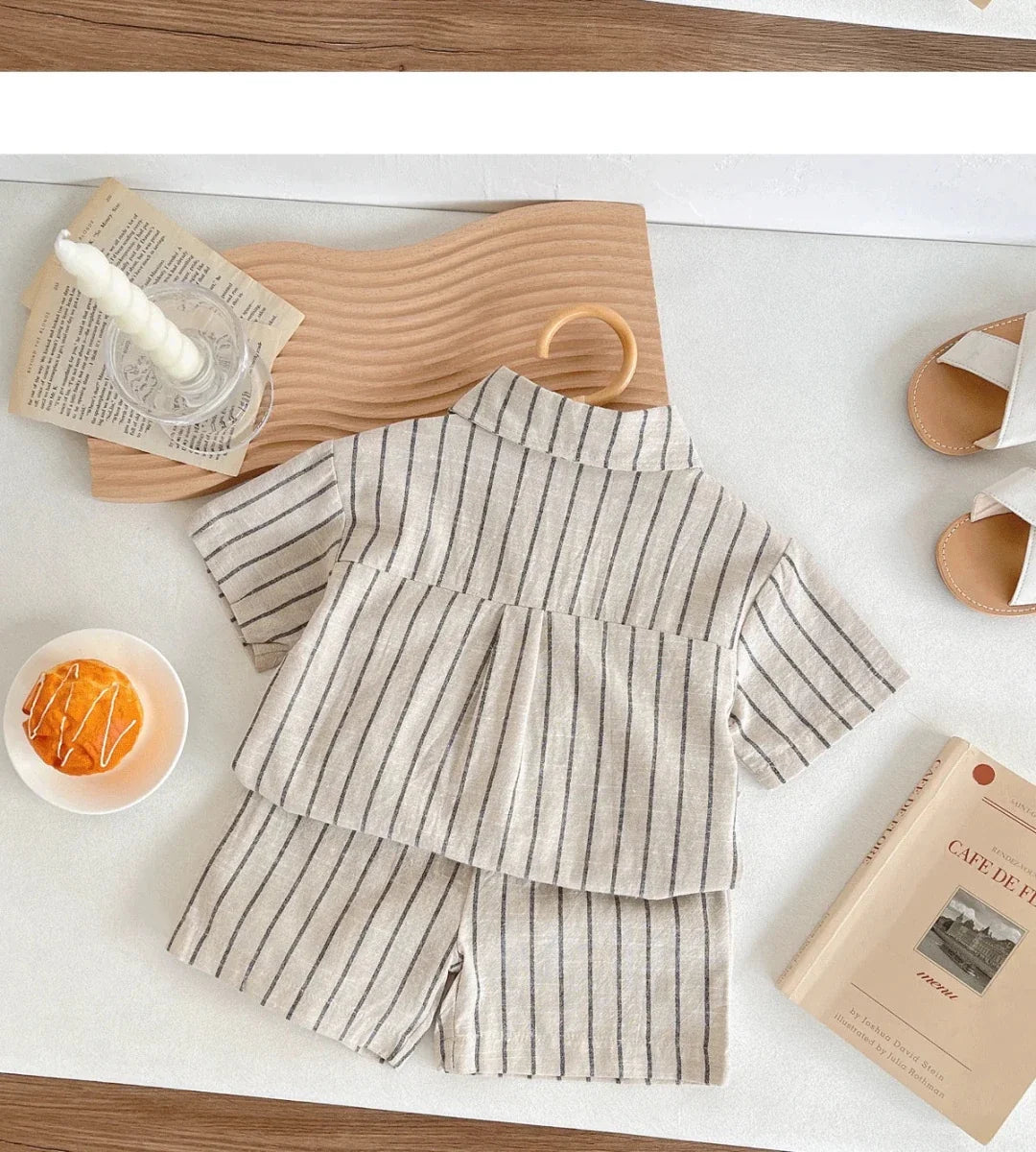 Set Children Unisex Summer New Style Cotton Stripe Pocket Shirt Polo Collar Shourts Fashion Casual Brief Versatile Korean - Mom & Kids