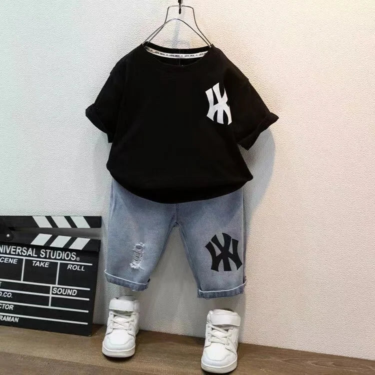 Short Sleeve Set Baby Boys Clothes Fashion Jeans Shorts Outfits Korean Casual Kids Cotton 2pcs Sport Clothing - Boys Summer